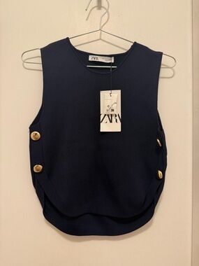 Zara Navy Sleeveless Tank with Gold Side Buttons